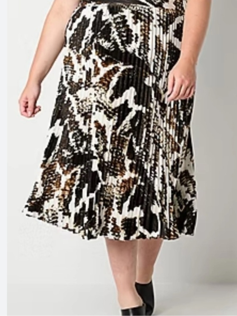 Worthington Black, Cream & Brown Floral Pleated Midi Skirt woman’s size XL